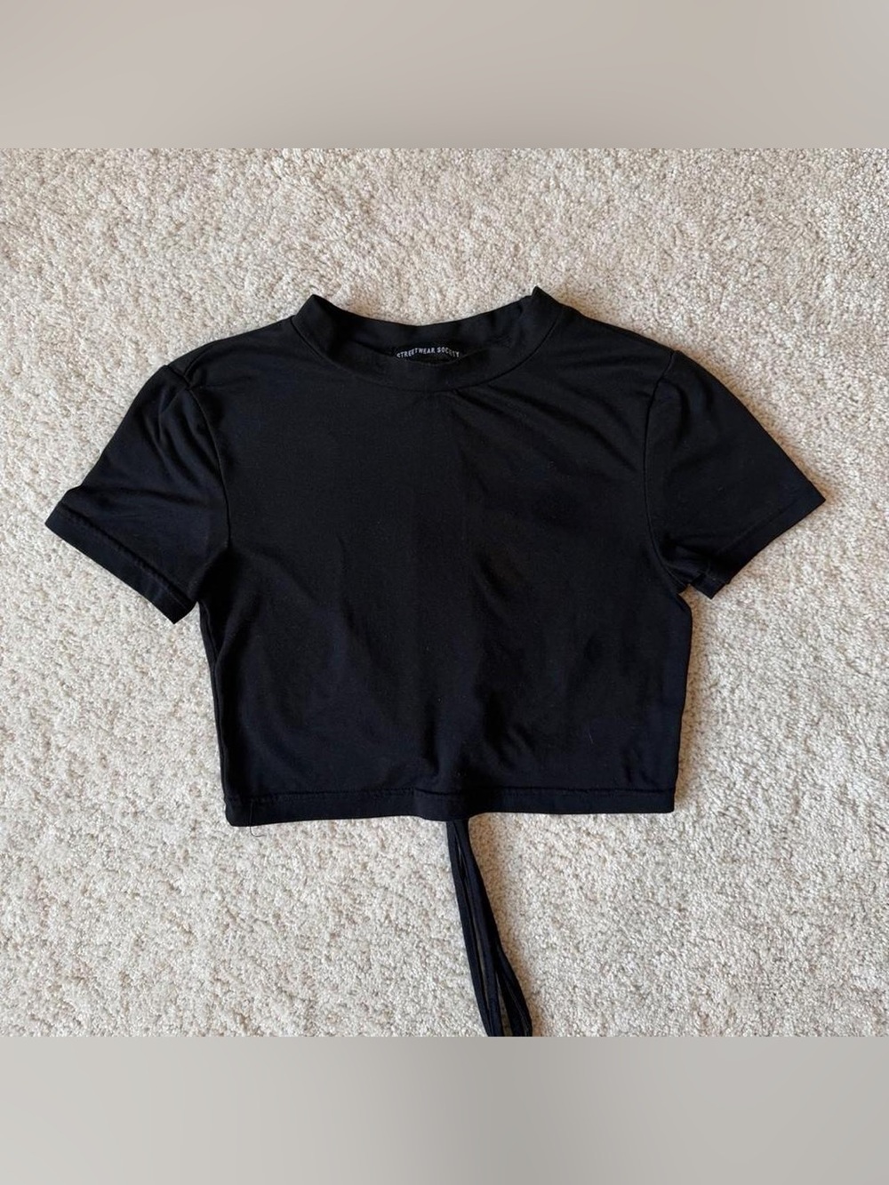 Streetwear Society Black Short Sleeve Crop Top with Tie Detail and Open Back